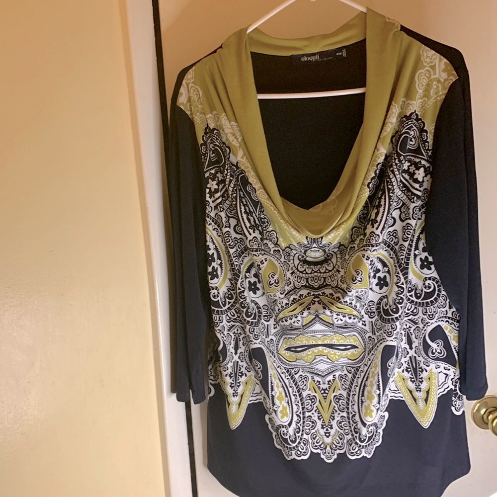 Eloquii (By The Limited) Floral Paisley Print BLACK 3/4 Sleeve Shirt